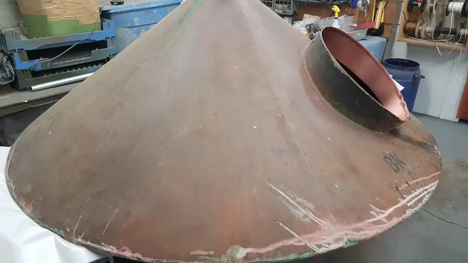 before copper kettle chandelier restoration