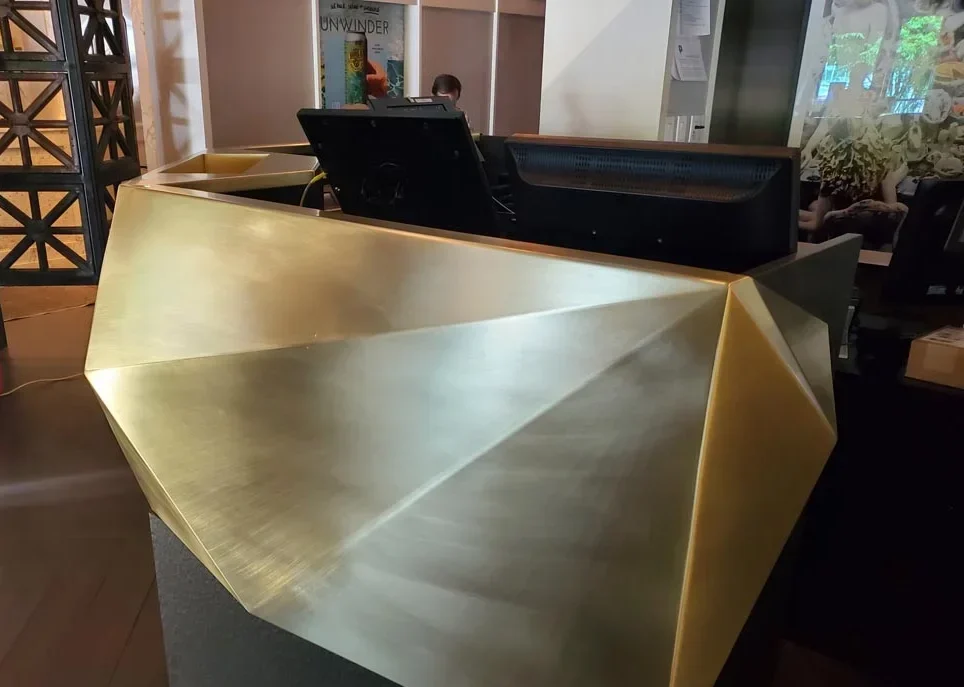 refinished metal reception desk